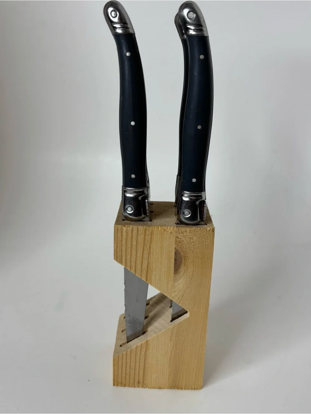 Laguiole Jean Dubost SS 6-Pc STEAK Gray KNIFE SET / Wooden Block France Used but